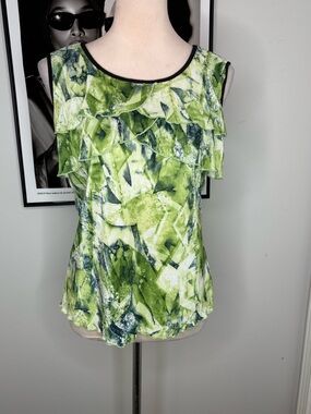 Sleeveless Ruffle Front Women's Top in Green Print
